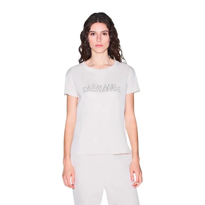 T-shirt pour femmes Armani Exchange en coton beige à col rond