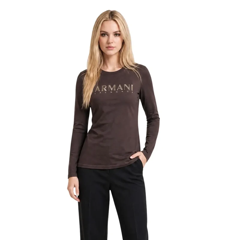 Haut T-shirt long à col rond en coton marron pour femmes Armani Exchange