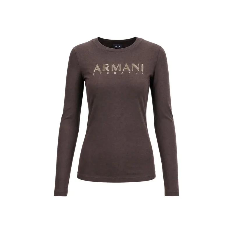 Haut T-shirt long à col rond en coton marron pour femmes Armani Exchange