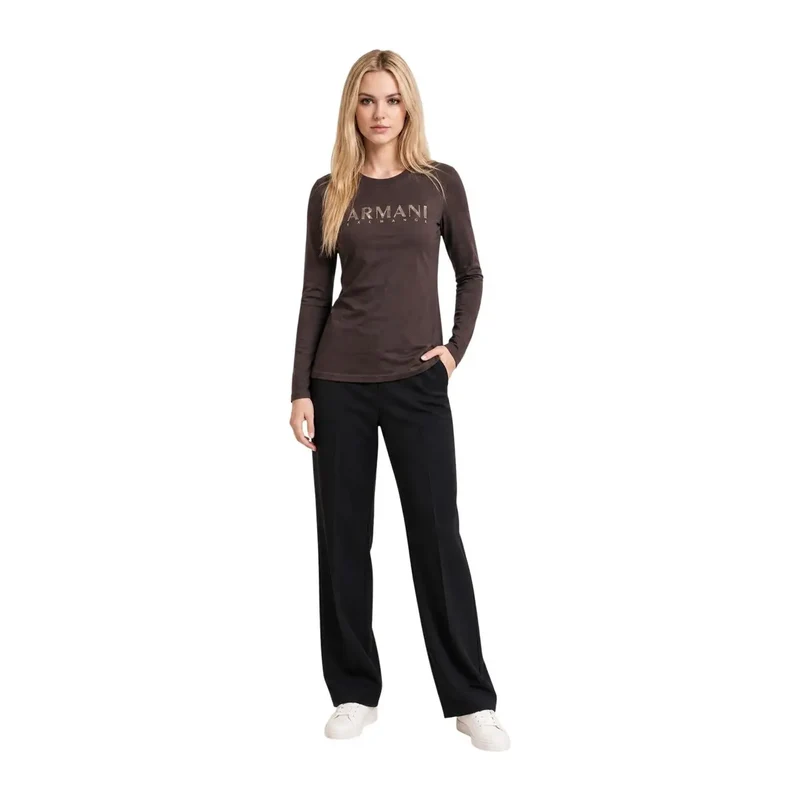 Haut T-shirt long à col rond en coton marron pour femmes Armani Exchange