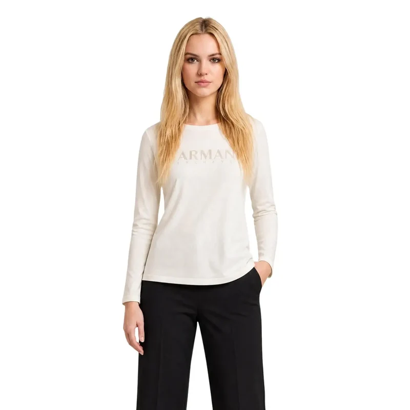 T-shirt pour femme en coton beige Armani Exchange, orné de strass