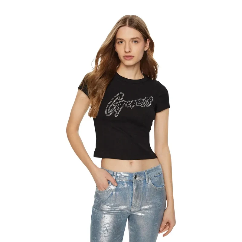 T-shirt col rond en coton côtelé noir pour femmes avec logo rond
