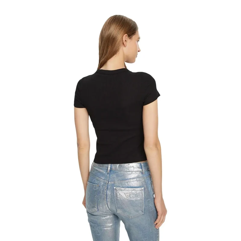 T-shirt col rond en coton côtelé noir pour femmes avec logo rond