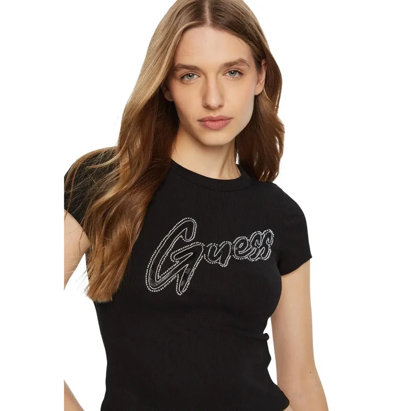 T-shirt col rond en coton côtelé noir pour femmes avec logo rond