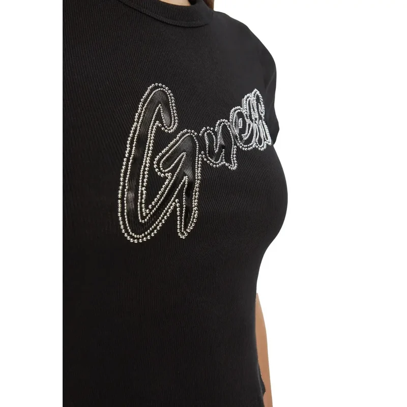 T-shirt col rond en coton côtelé noir pour femmes avec logo rond