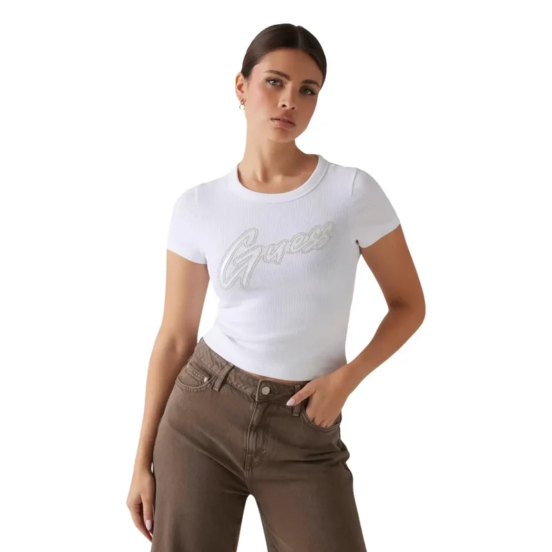 T-shirt col rond en coton côtelé noir pour femmes avec logo rond