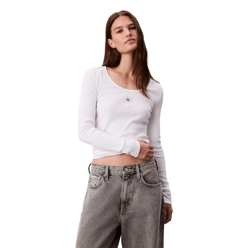 T-shirt long pour femme en coton mélangé avec élasthanne blanc de Calvin Klein Jeans