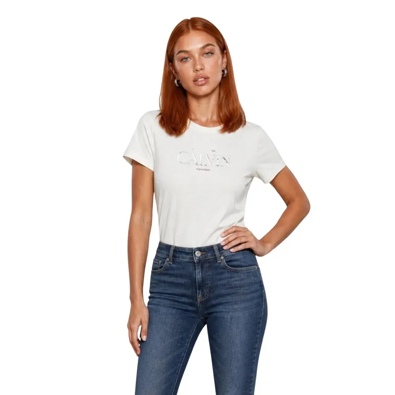 Haut T-shirt femme en coton à col rond Calvin Klein Jeans Blanc