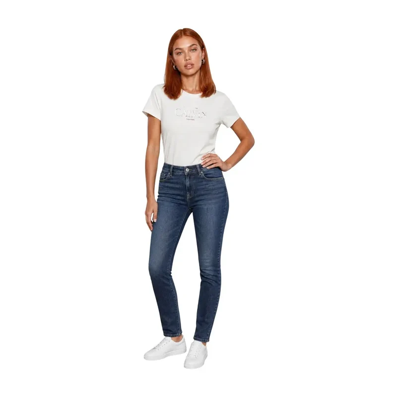 Haut T-shirt femme en coton à col rond Calvin Klein Jeans Blanc