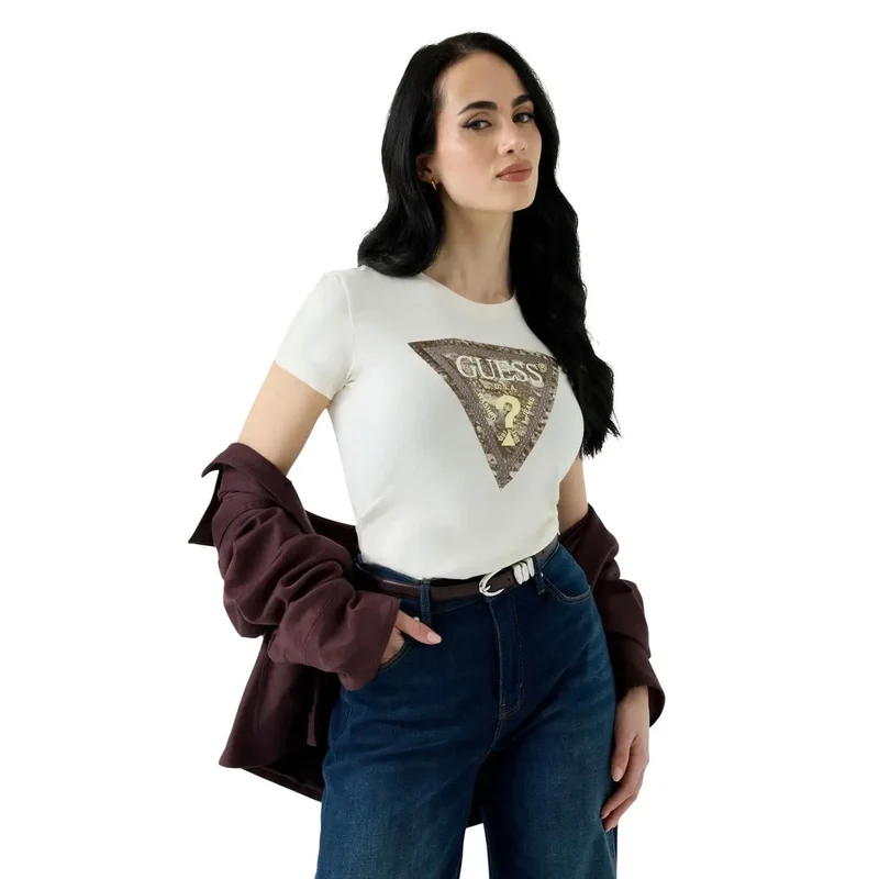 T-shirt Guess pour femme, en coton, imprimé serpent, coupe triangle, blanc, col rond