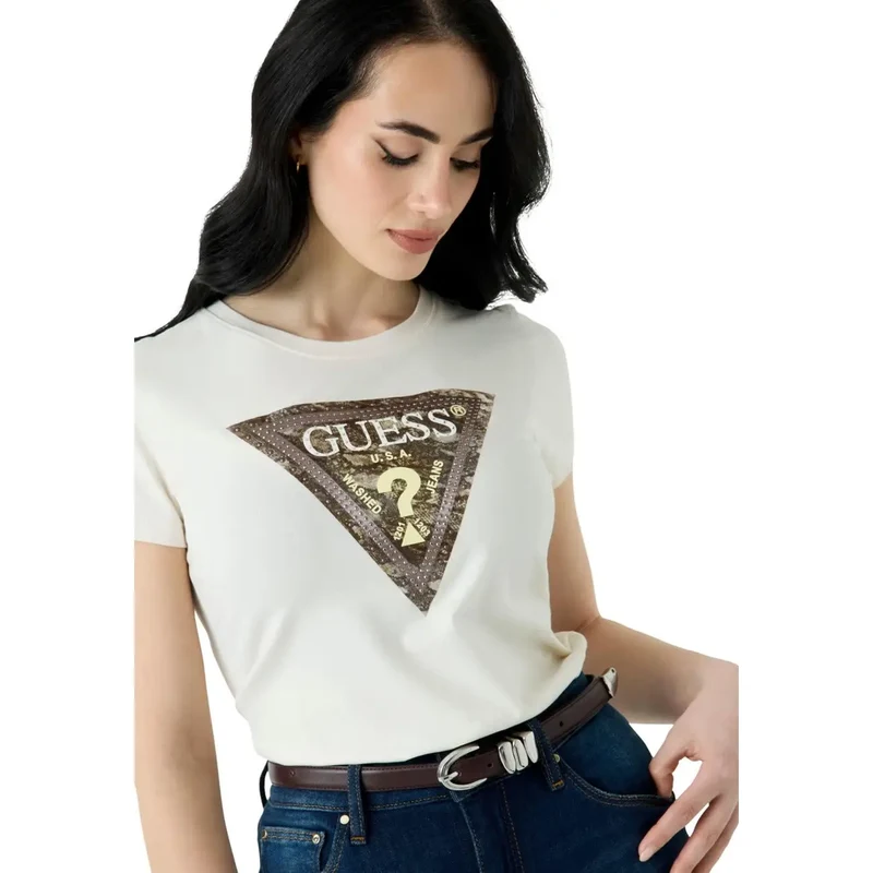 T-shirt Guess pour femme, en coton, imprimé serpent, coupe triangle, blanc, col rond