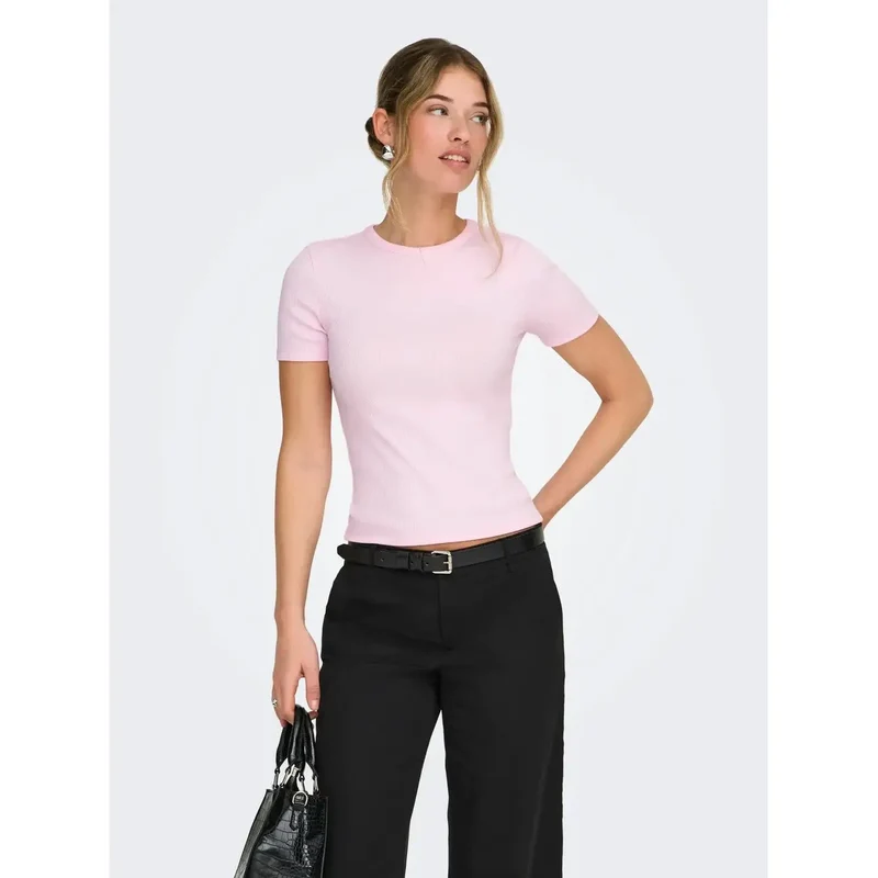 T-shirt rose à col rond court pour femme Only, en mélange de polyester