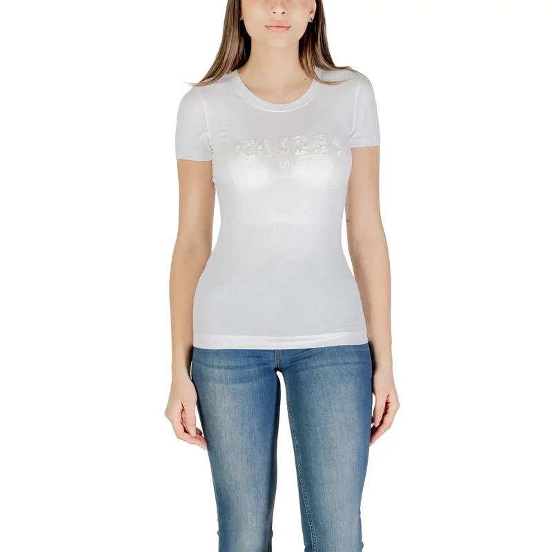 Chemisier court à manches courtes à sequins, logo en coton blanc pour femmes