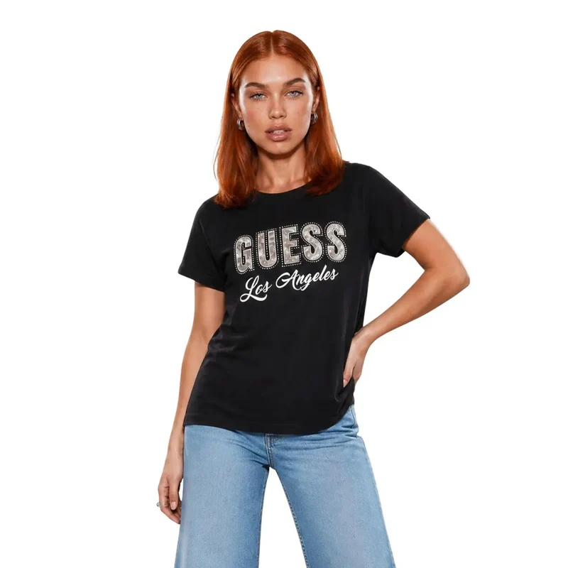 Devinez Femmes T-shirt classique noir en coton à manches courtes