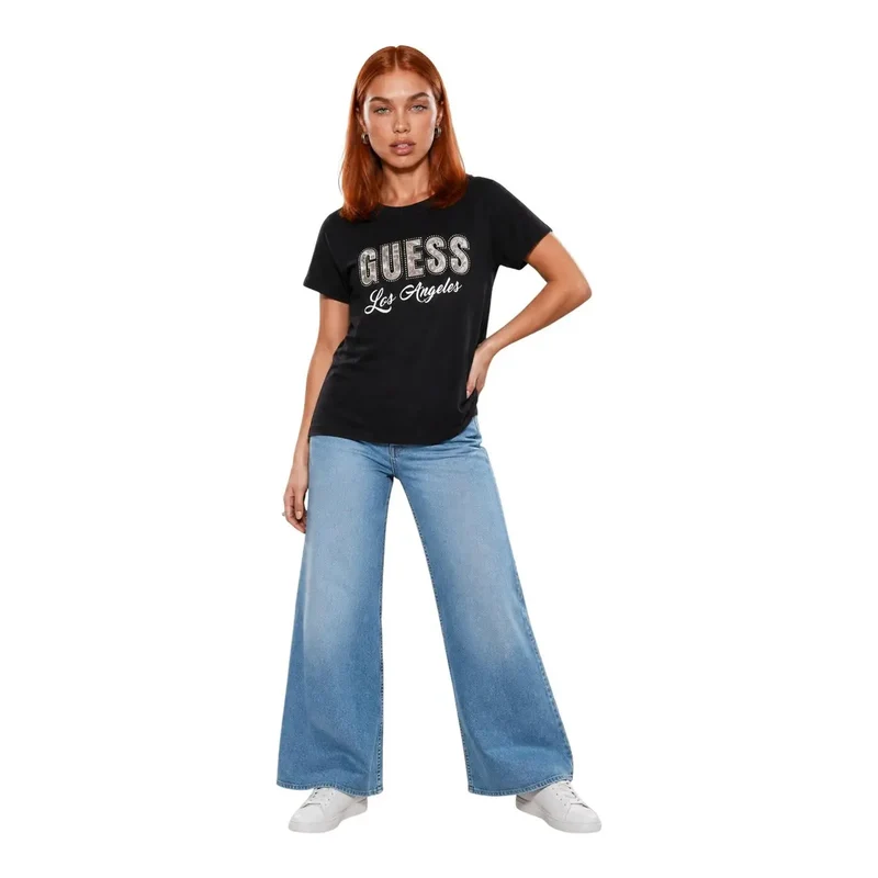 Devinez Femmes T-shirt classique noir en coton à manches courtes