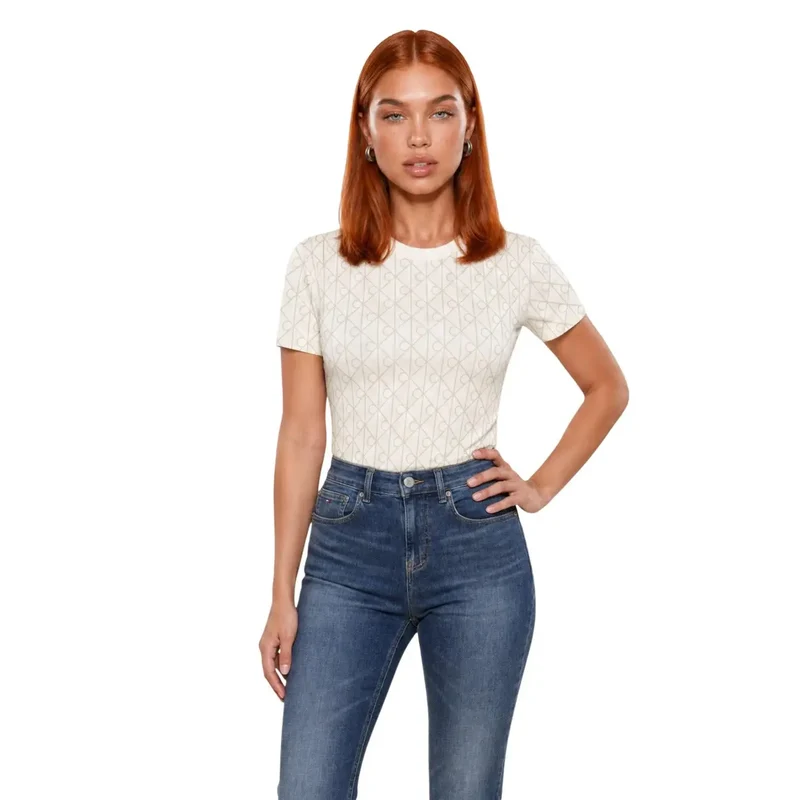 T-shirt géométrique en coton blanc pour femmes Calvin Klein Jeans