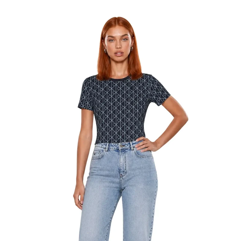 T-shirt en coton géométrique bleu pour femmes Calvin Klein Jeans