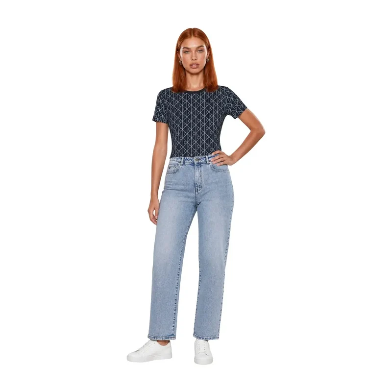 T-shirt en coton géométrique bleu pour femmes Calvin Klein Jeans