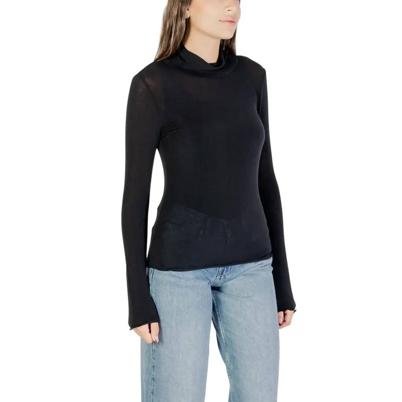 Pull à col roulé long en jersey noir pour femmes, en cachemire modal