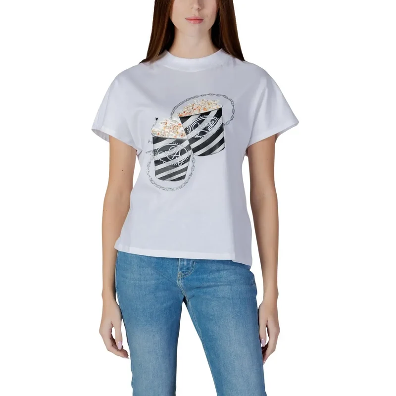 T-shirt en coton pour femmes blanc à strass, motif pop-corn