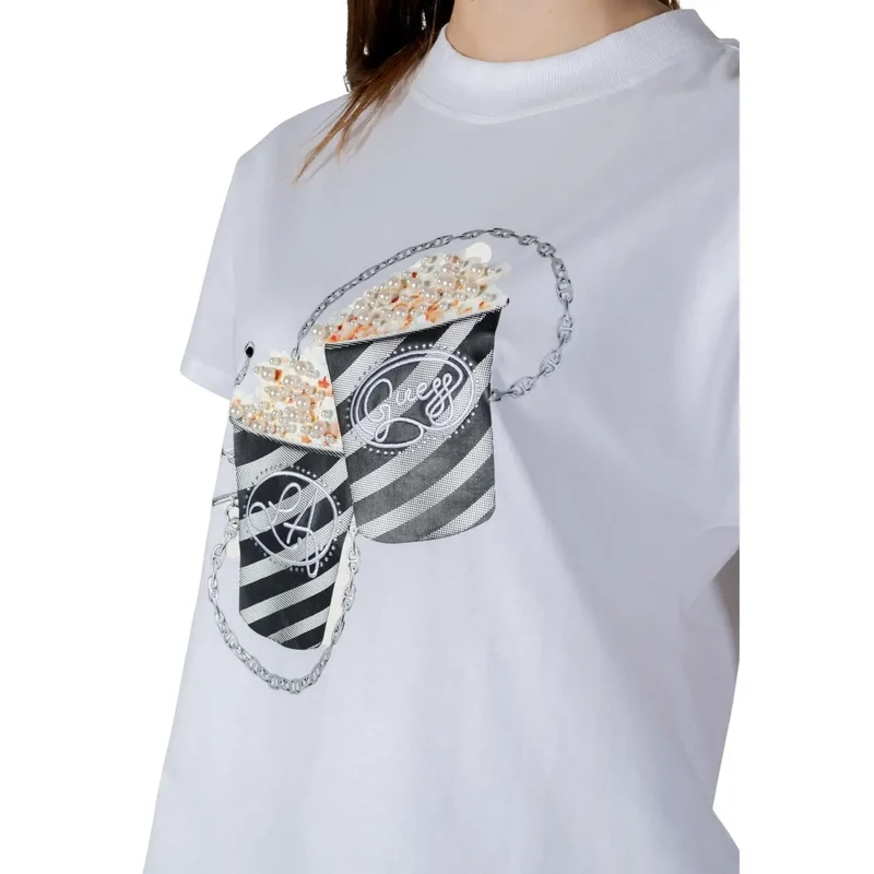 T-shirt en coton pour femmes blanc à strass, motif pop-corn