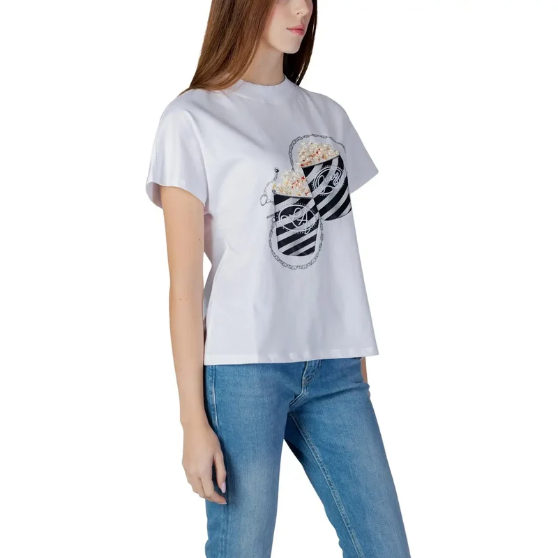 T-shirt en coton pour femmes blanc à strass, motif pop-corn