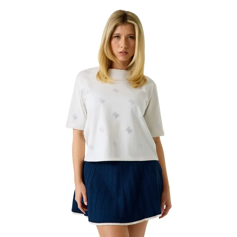 Chemisier pour femmes en coton blanc, orné de strass, style Silvy, à col rond