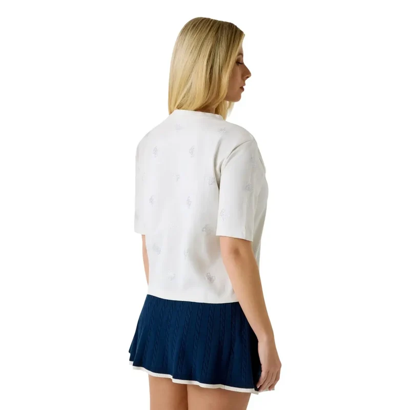 Chemisier pour femmes en coton blanc, orné de strass, style Silvy, à col rond