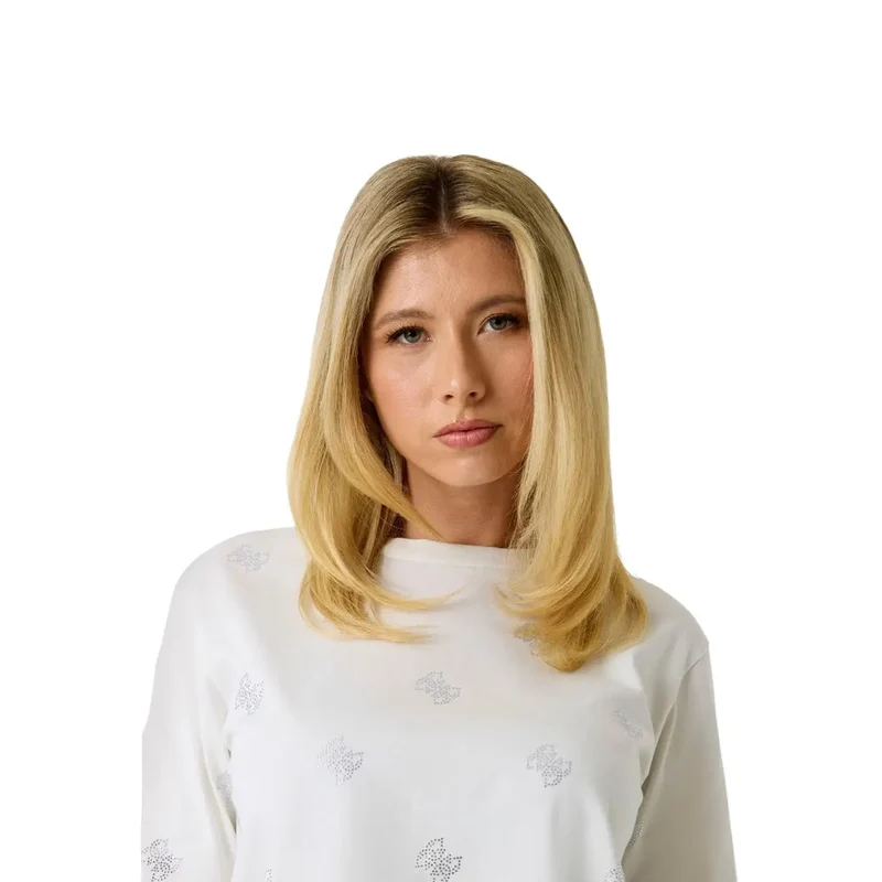 Chemisier pour femmes en coton blanc, orné de strass, style Silvy, à col rond