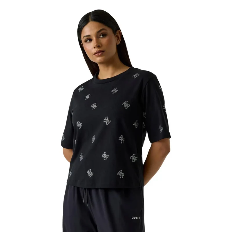 Chemisier pour femmes en coton blanc, orné de strass, style Silvy, à col rond