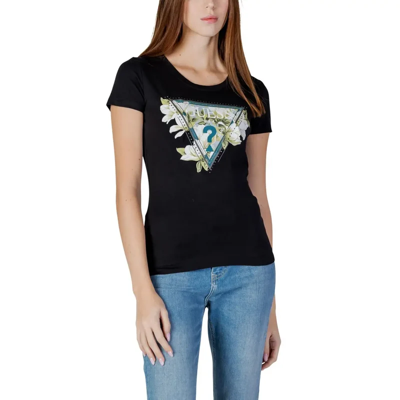 T-shirt noir à col rond en coton pour femmes avec logo en strass