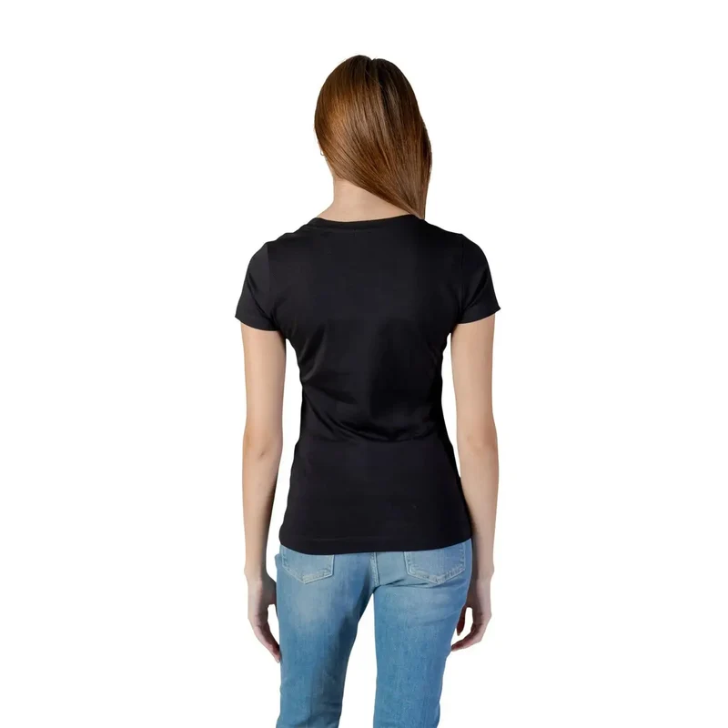 T-shirt noir à col rond en coton pour femmes avec logo en strass