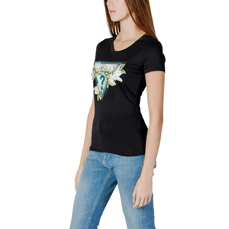 T-shirt noir à col rond en coton pour femmes avec logo en strass