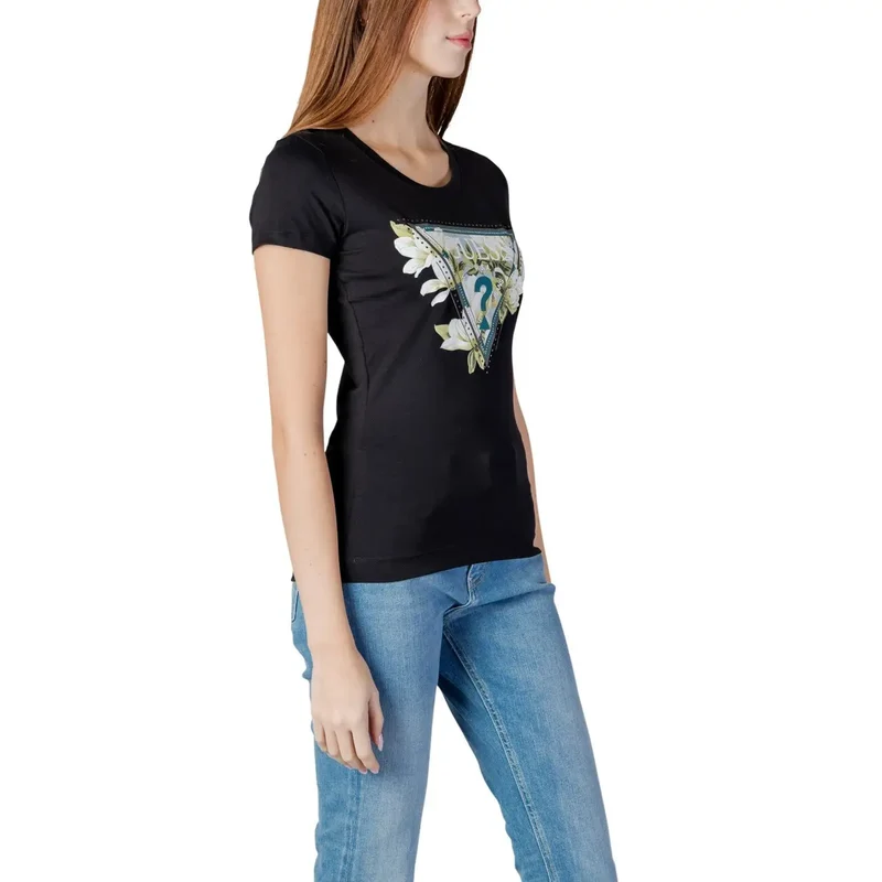 T-shirt noir à col rond en coton pour femmes avec logo en strass