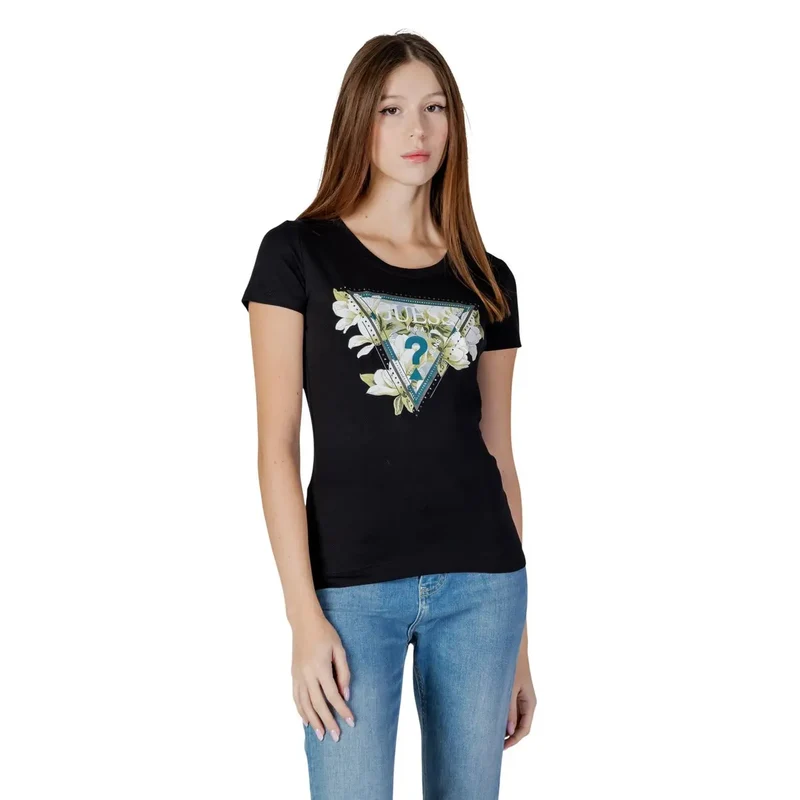 T-shirt noir à col rond en coton pour femmes avec logo en strass