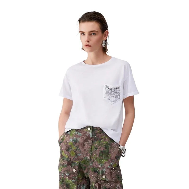 T-shirt pour femme Liu Jo à col rond, en coton blanc, à poche unique