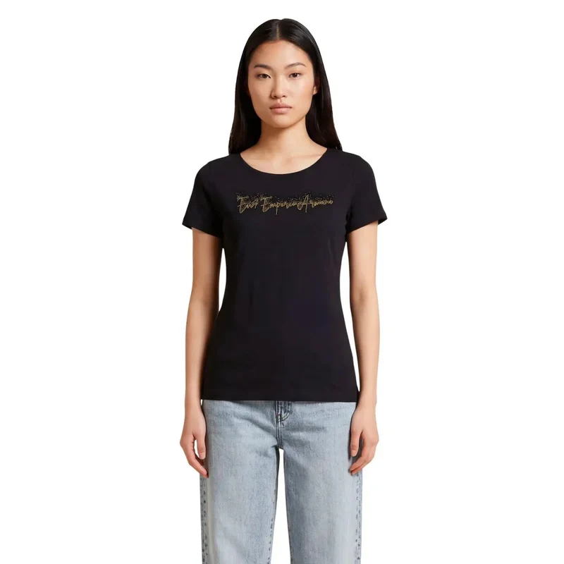 T-shirt femme EA7 en coton à manches courtes et col rond, noir