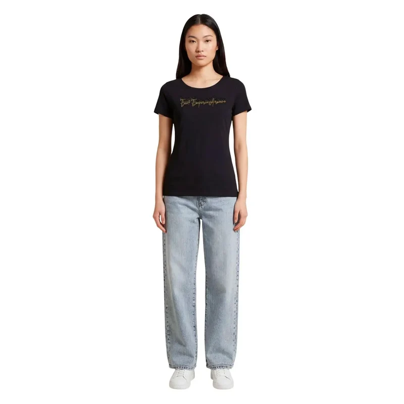 T-shirt femme EA7 en coton à manches courtes et col rond, noir