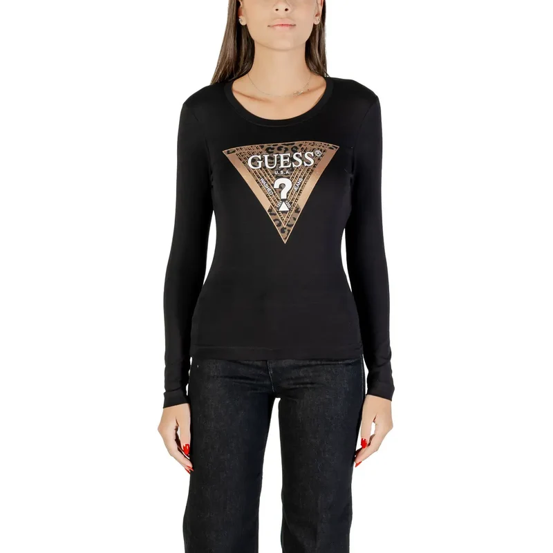 Guess Women Long Sleeve Black Round Neck Print T Shirt