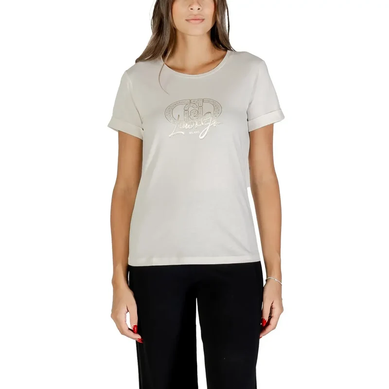 Liu Jo Women White Printed Cotton T Shirt with Round Neck (T-shirt en coton imprimé à col rond)
