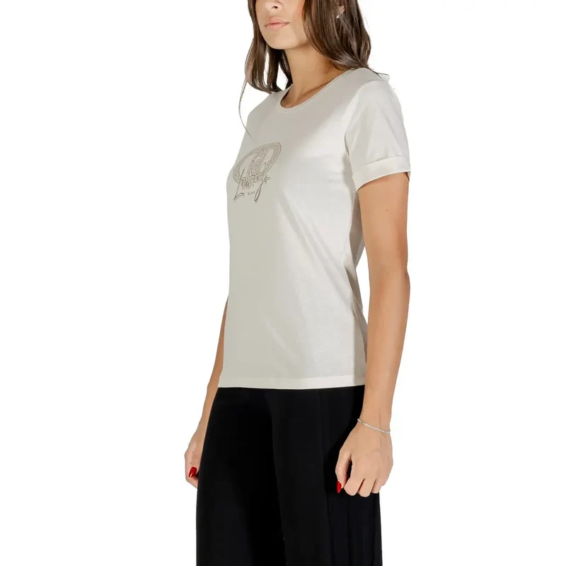 Liu Jo Women White Printed Cotton T Shirt with Round Neck (T-shirt en coton imprimé à col rond)