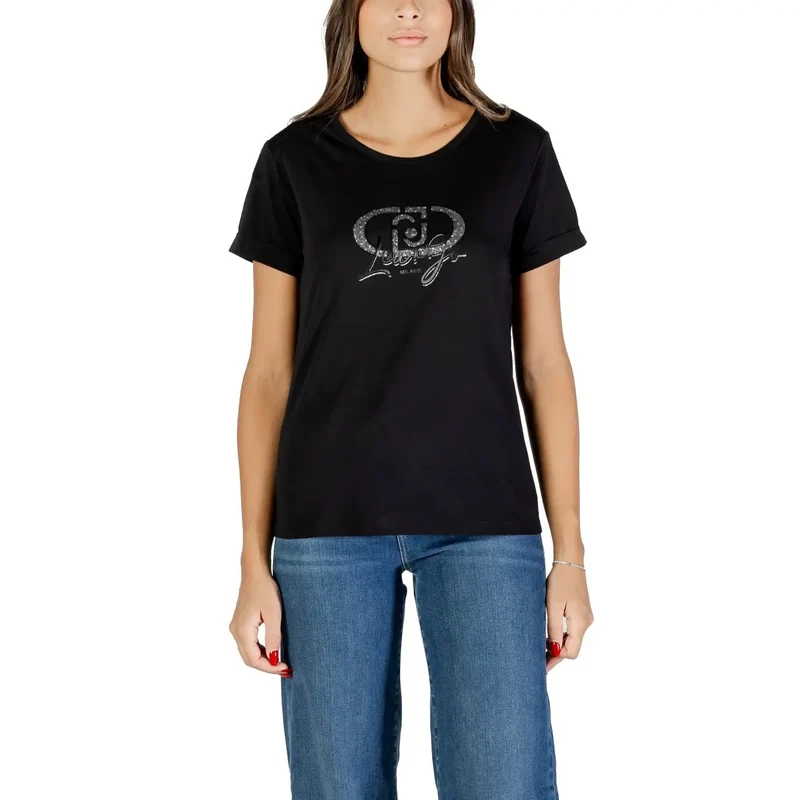 Liu Jo Women White Printed Cotton T Shirt with Round Neck (T-shirt en coton imprimé à col rond)