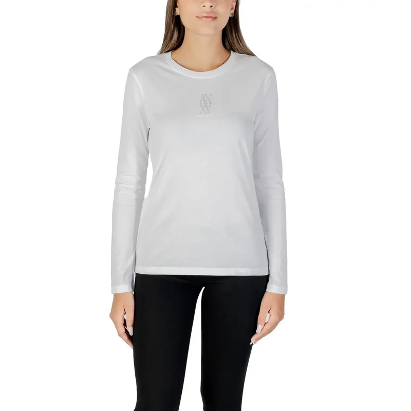 Armani Exchange White Women Long Sleeve T Shirt With Rhinestone Print (T-shirt à manches longues avec impression de pierres précieuses)