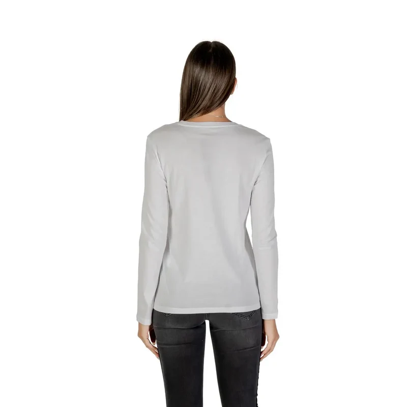 Armani Exchange White Women Long Sleeve T Shirt With Rhinestone Print (T-shirt à manches longues avec impression de pierres précieuses)