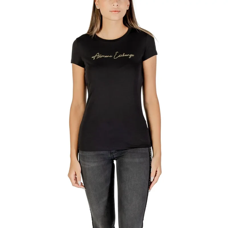 Armani Exchange Women Short Sleeve Black Rhinestone Cotton T Shirt