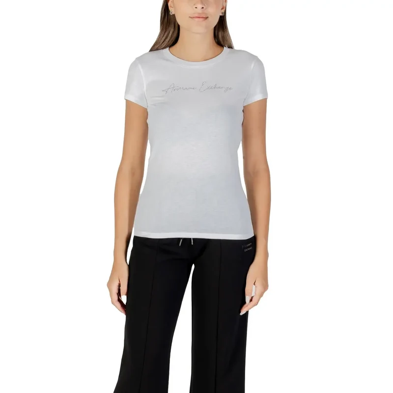 Armani Exchange Women Short Sleeve Black Rhinestone Cotton T Shirt