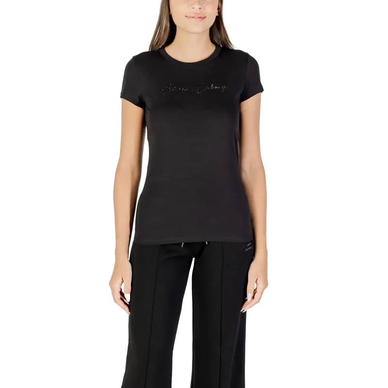 Armani Exchange Women Short Sleeve Black Rhinestone Cotton T Shirt