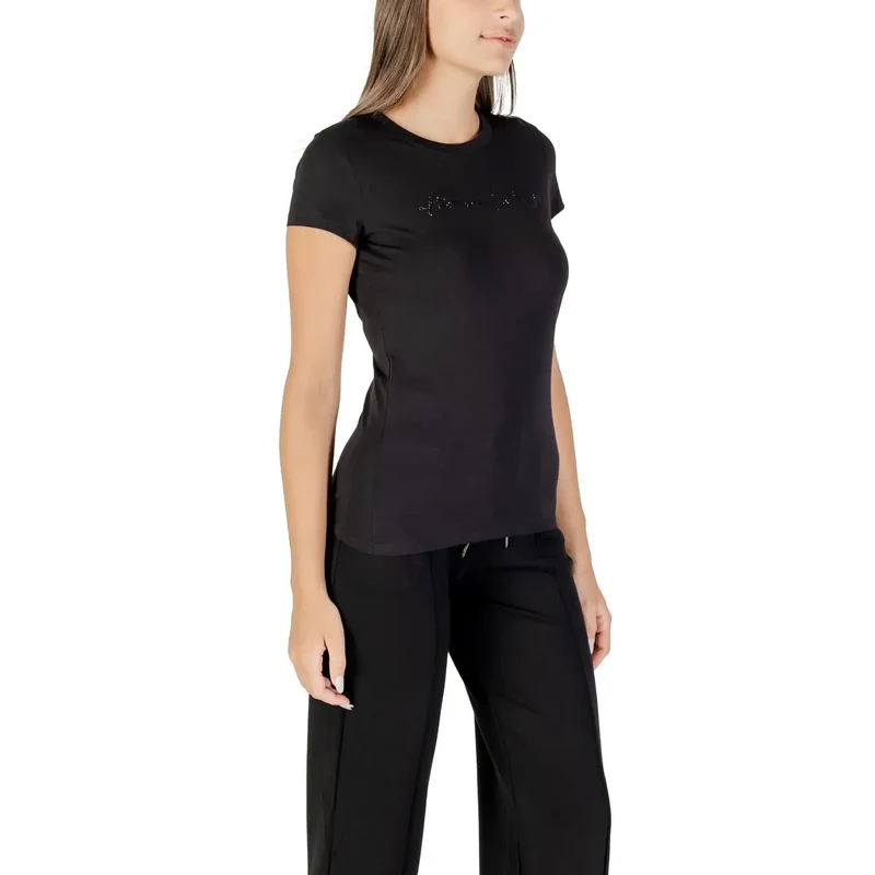 Armani Exchange Women Short Sleeve Black Rhinestone Cotton T Shirt