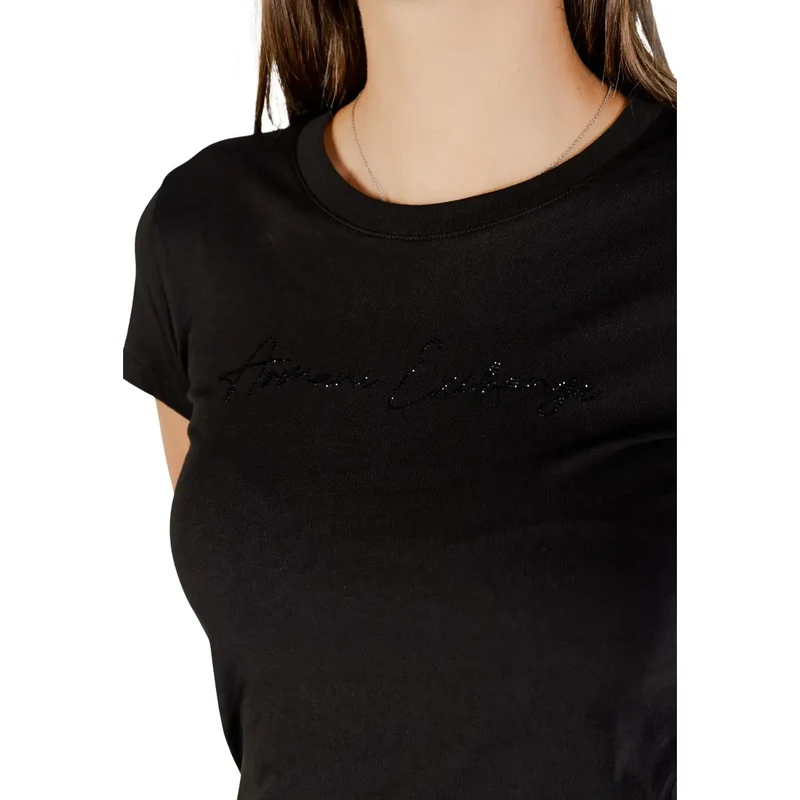 Armani Exchange Women Short Sleeve Black Rhinestone Cotton T Shirt
