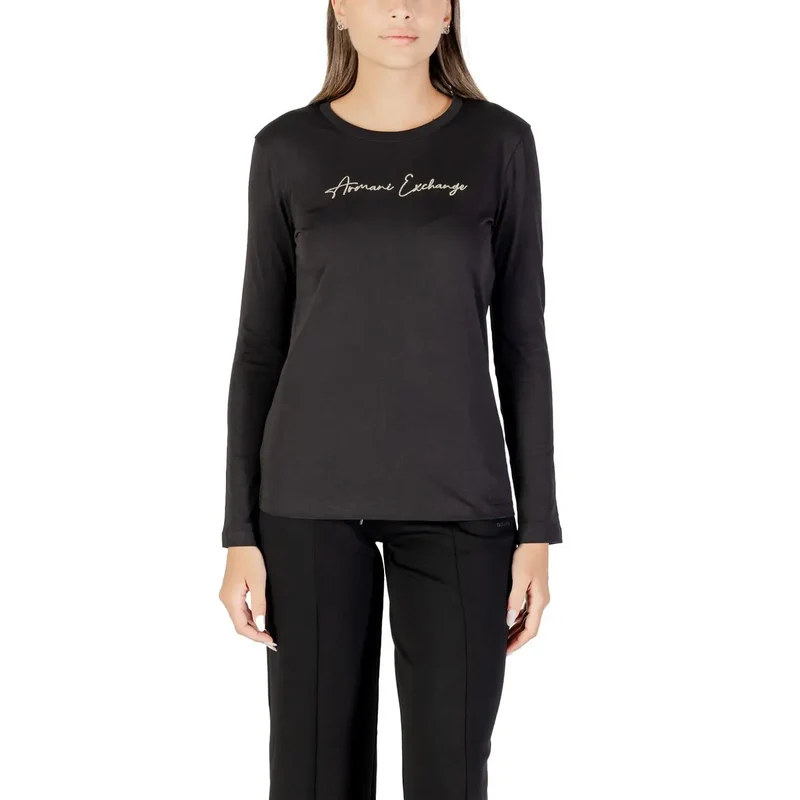 Armani Exchange Women Black Long Sleeve Round Neck Cotton T Shirt